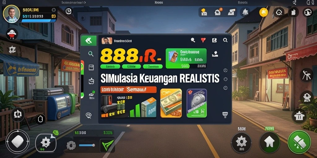 Screenshot utama menampilkan gameplay interaktif 888IDR dalam pengelolaan keuangan.