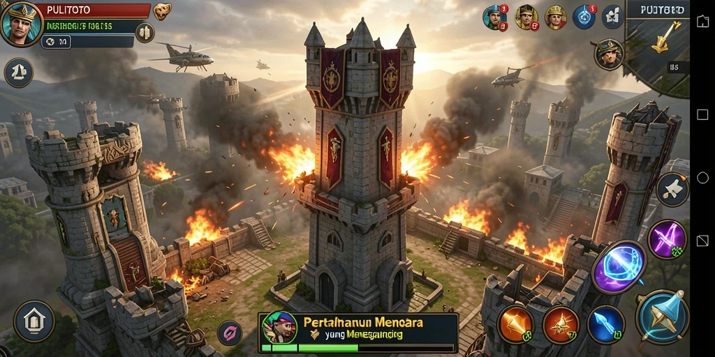 Tampilan gameplay PULITOTO dengan menara pertahanan yang strategis.